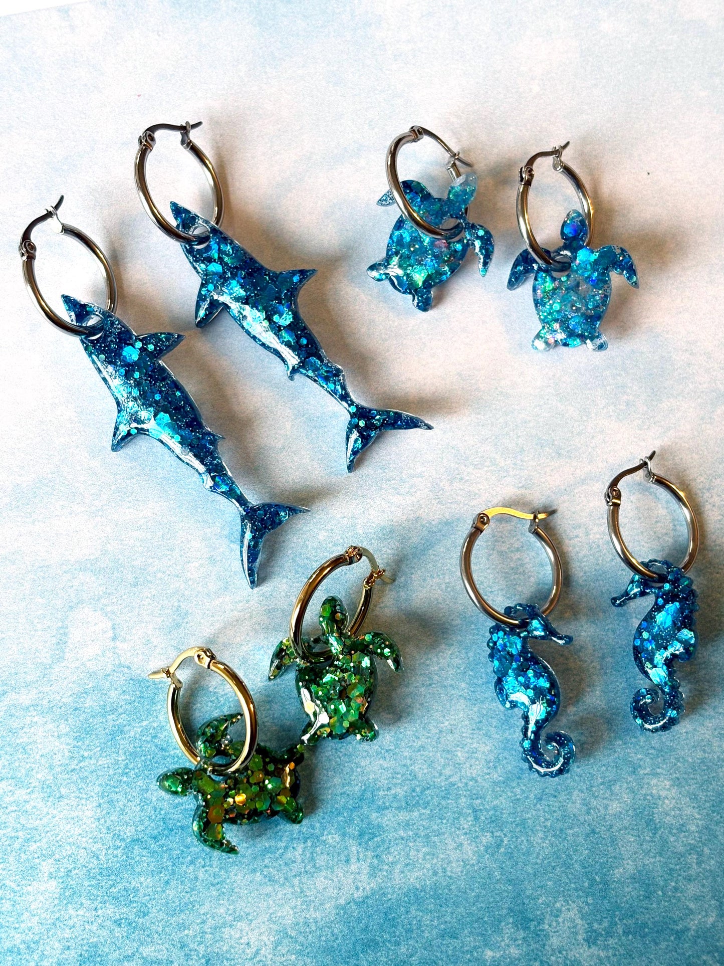 Sea Life Hoop Earrings, turtle, shark, or seahorse.