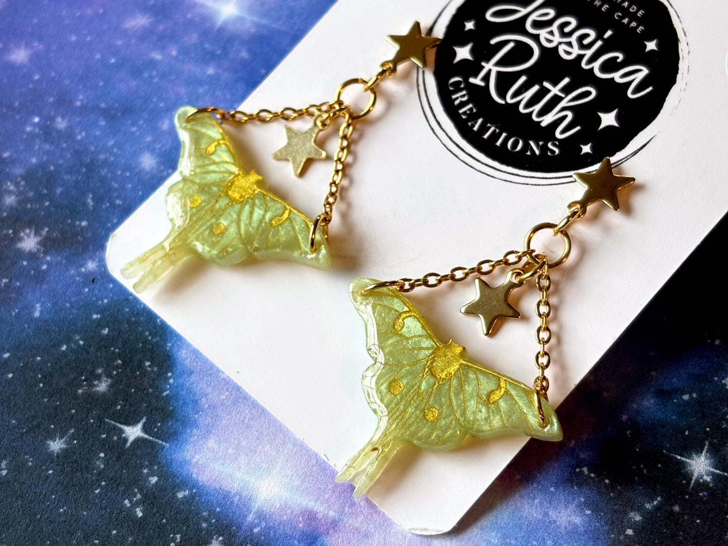 Handmade Luna Moth Dangle Earrings with Star Accents