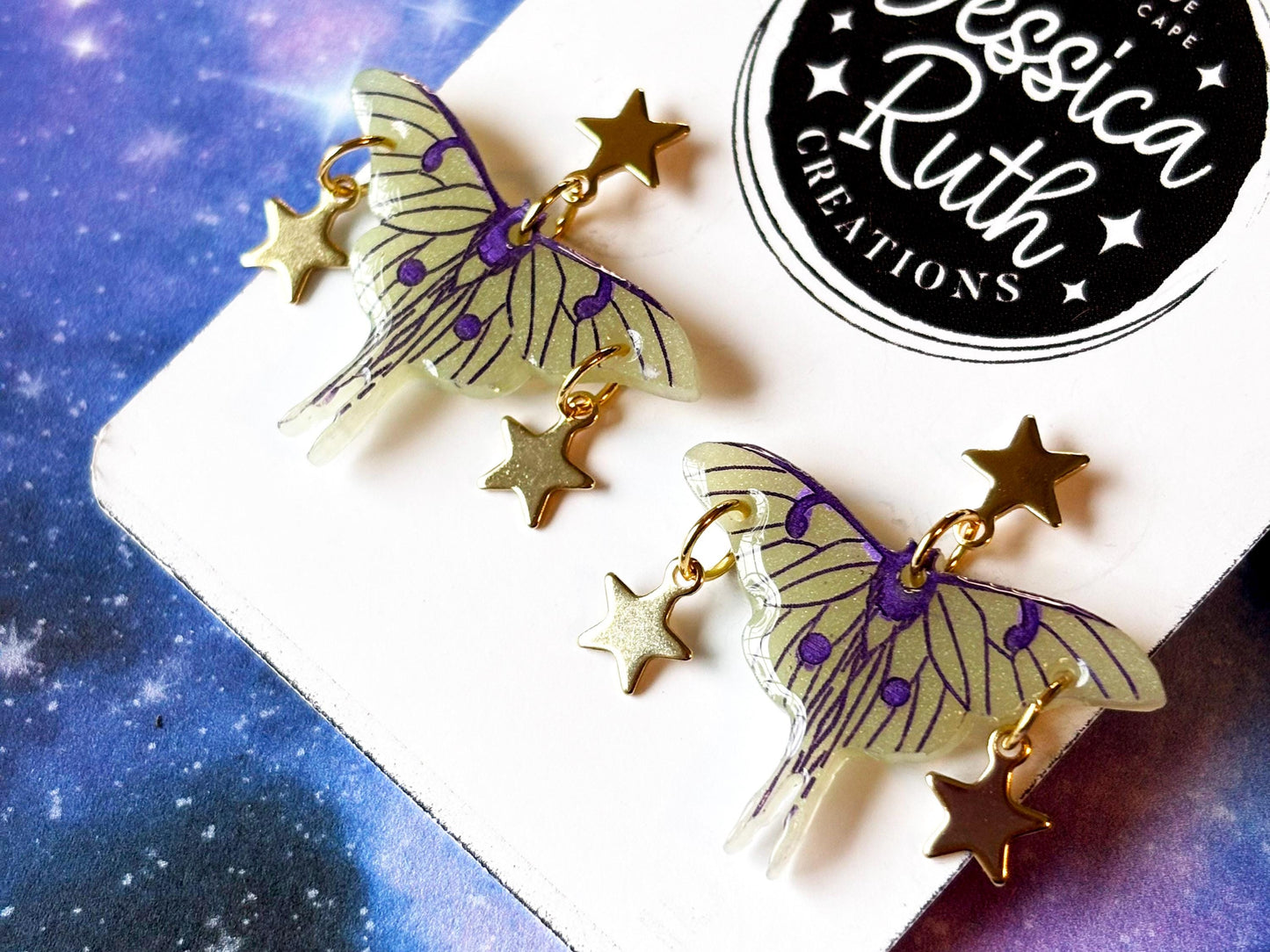 Handmade Glow In The Dark Luna Moth Dangle Earrings with Gold Star Accents