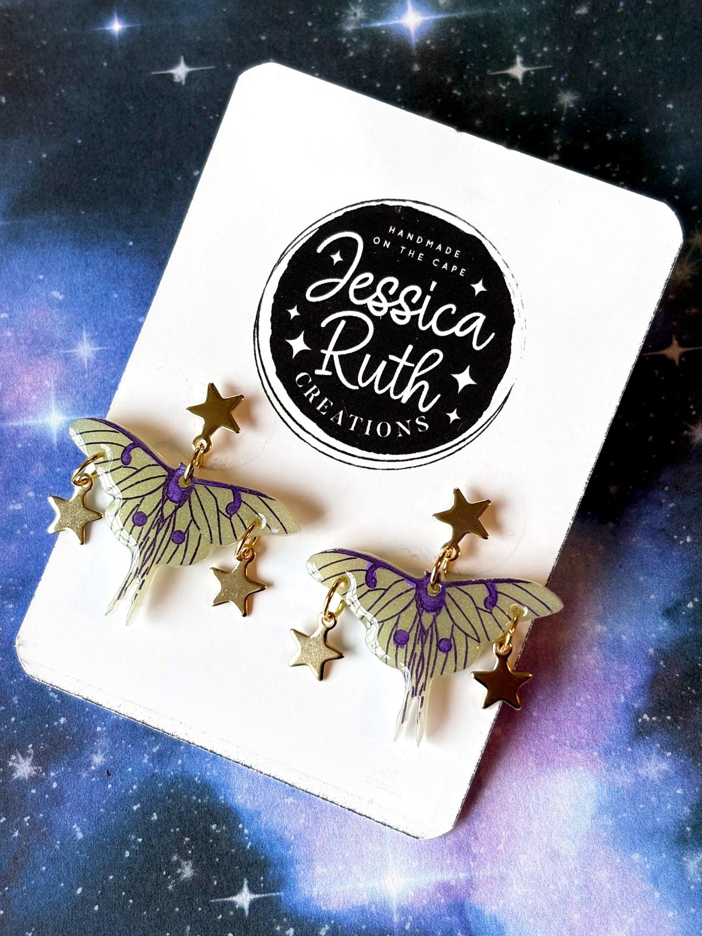Handmade Glow In The Dark Luna Moth Dangle Earrings with Gold Star Accents