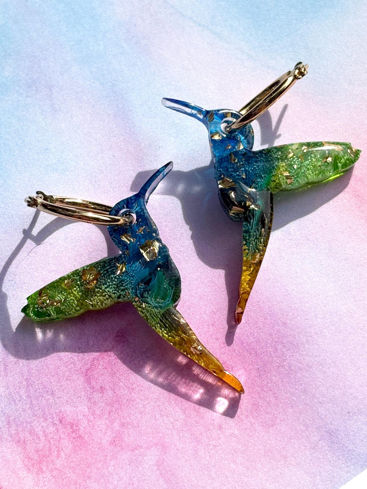 Green and Blue Hummingbird Hoop Earrings