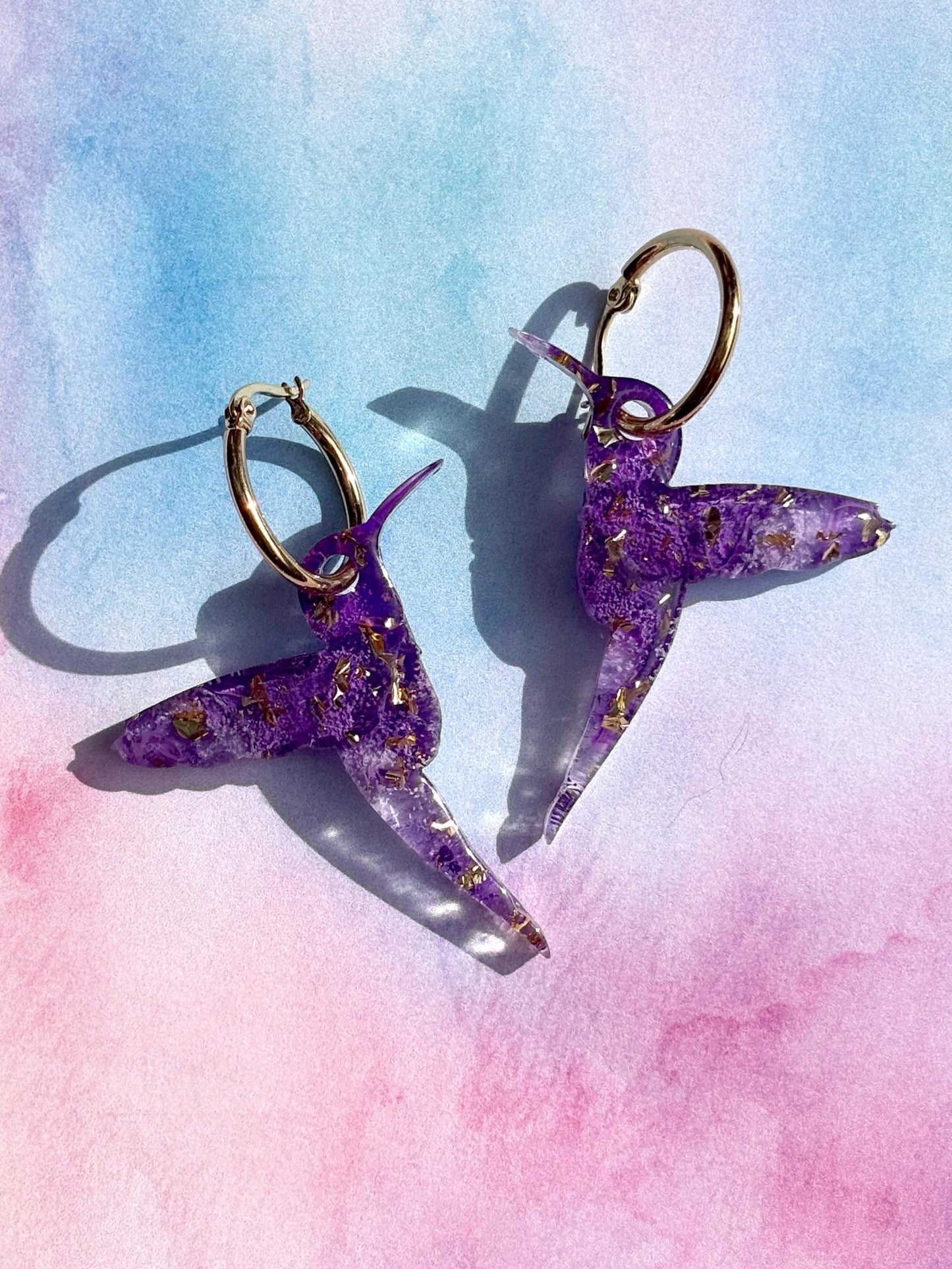 Purple Hummingbird Hoop Earrings
