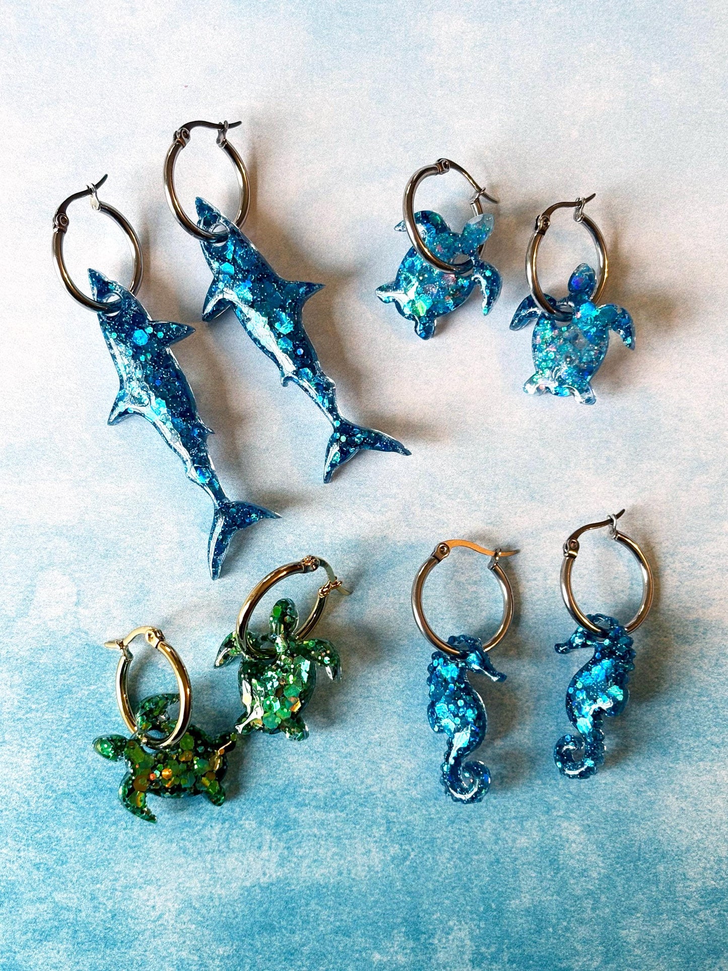 Sea Life Hoop Earrings, turtle, shark, or seahorse.