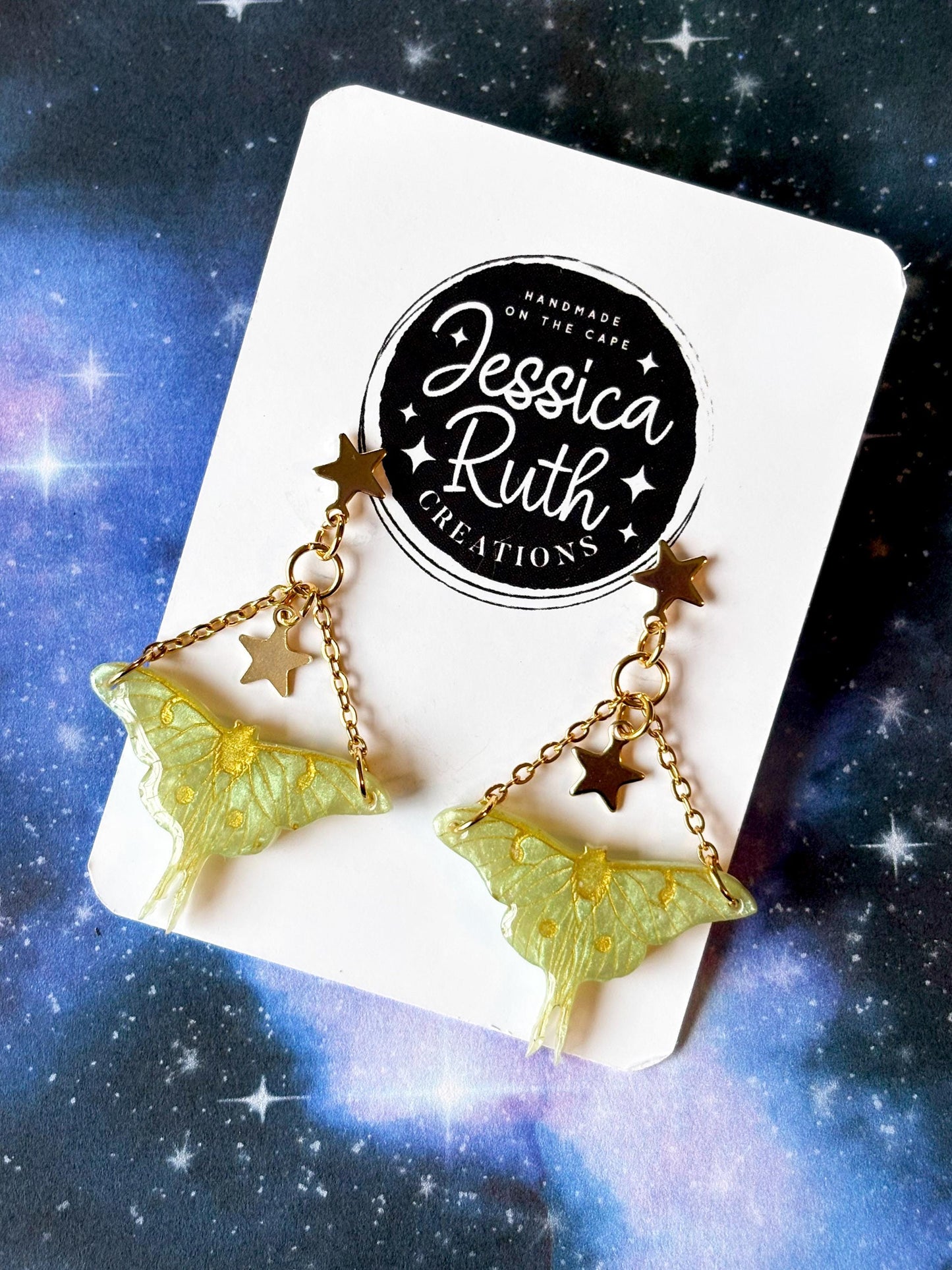 Handmade Luna Moth Dangle Earrings with Star Accents