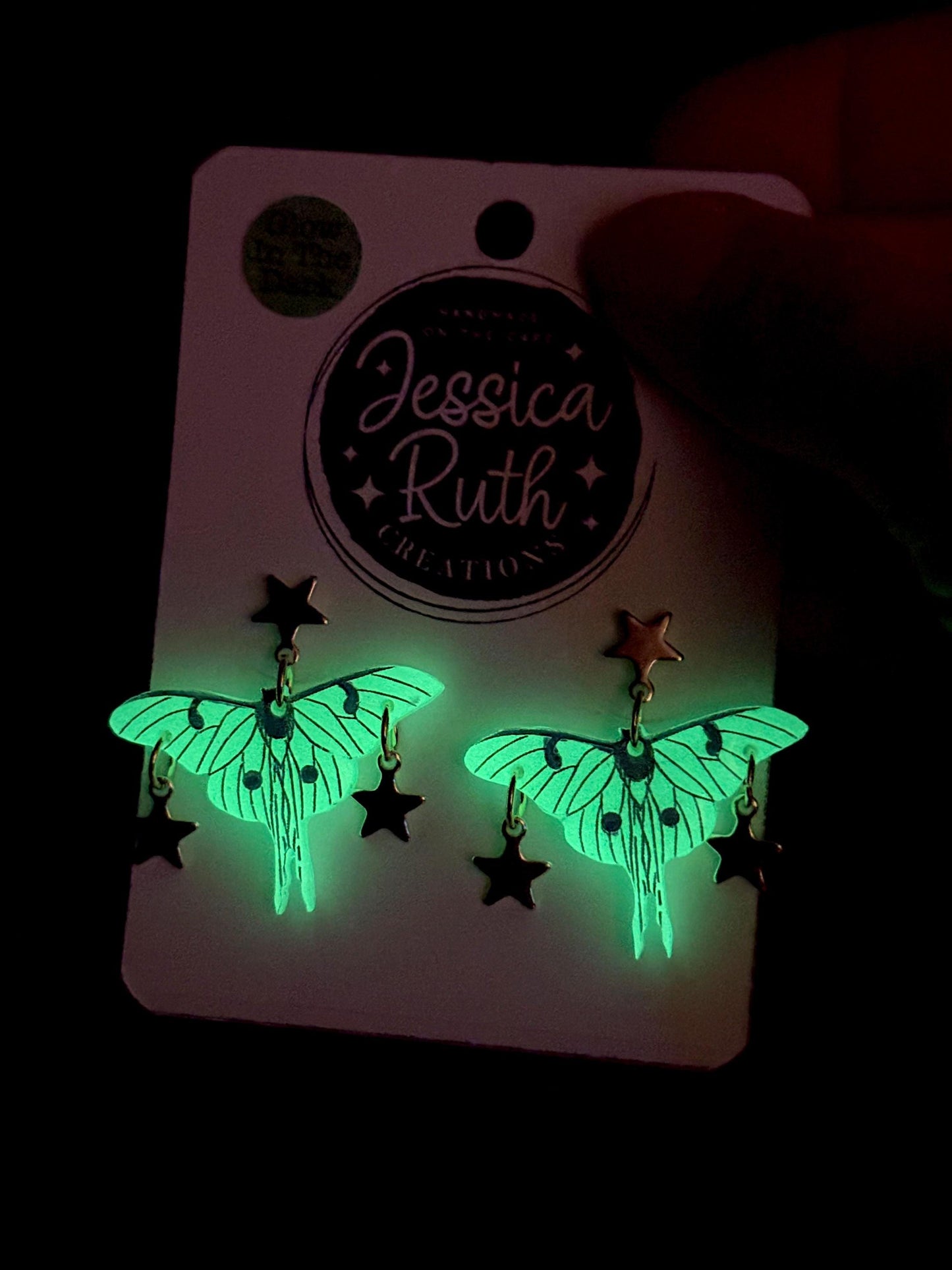 Handmade Glow In The Dark Luna Moth Dangle Earrings with Gold Star Accents