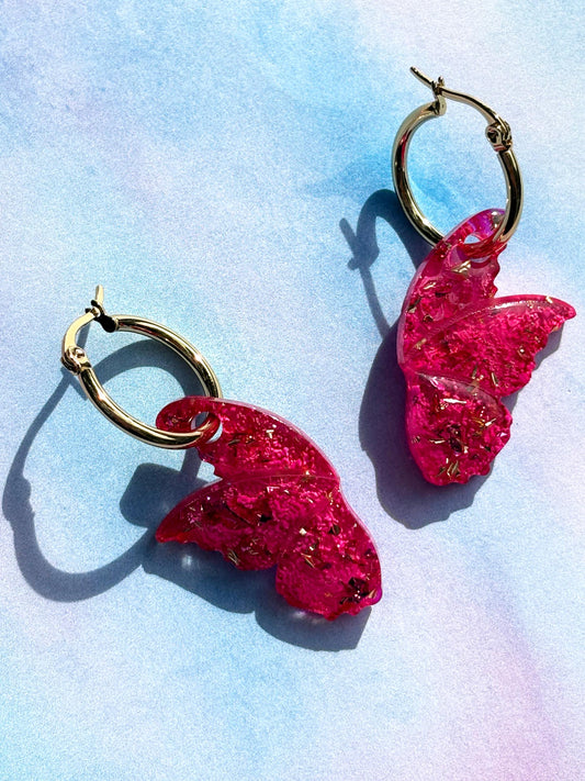 Pink and Gold Butterfly Wing Hoops