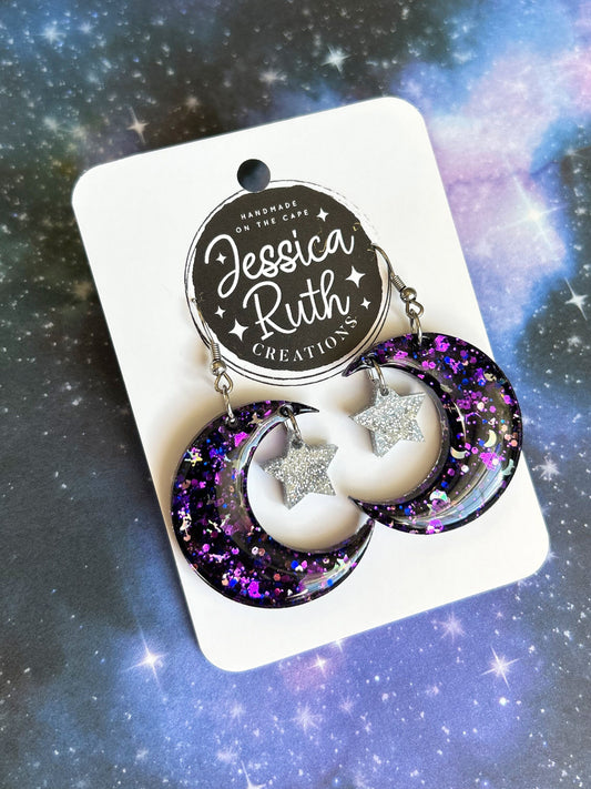 Purple Celestial Star and Moon Dangle Earrings