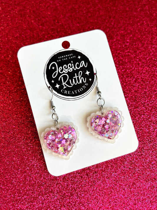 Fun Sparkly and Frilly Candy Heart Dangle Earrings