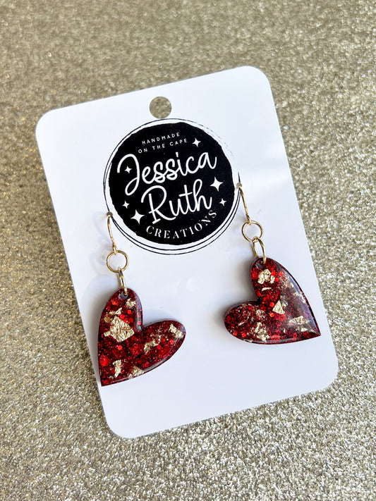 Red and Gold Flake Heart Dangle Earrings