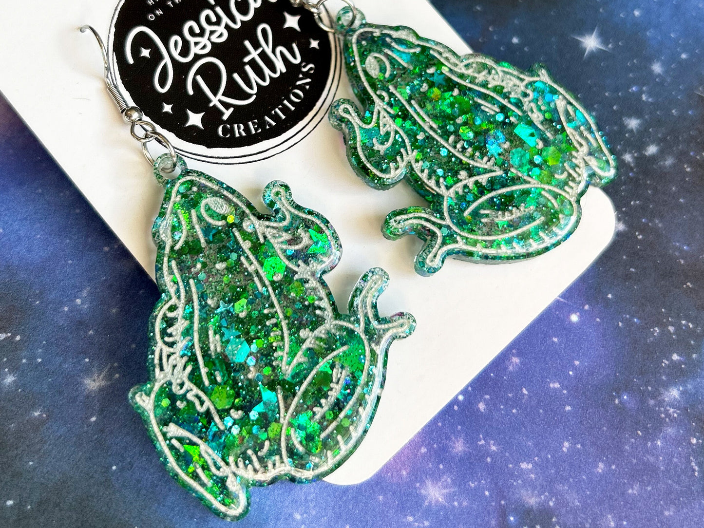 Big Green Celestial Frog Dangle Earrings