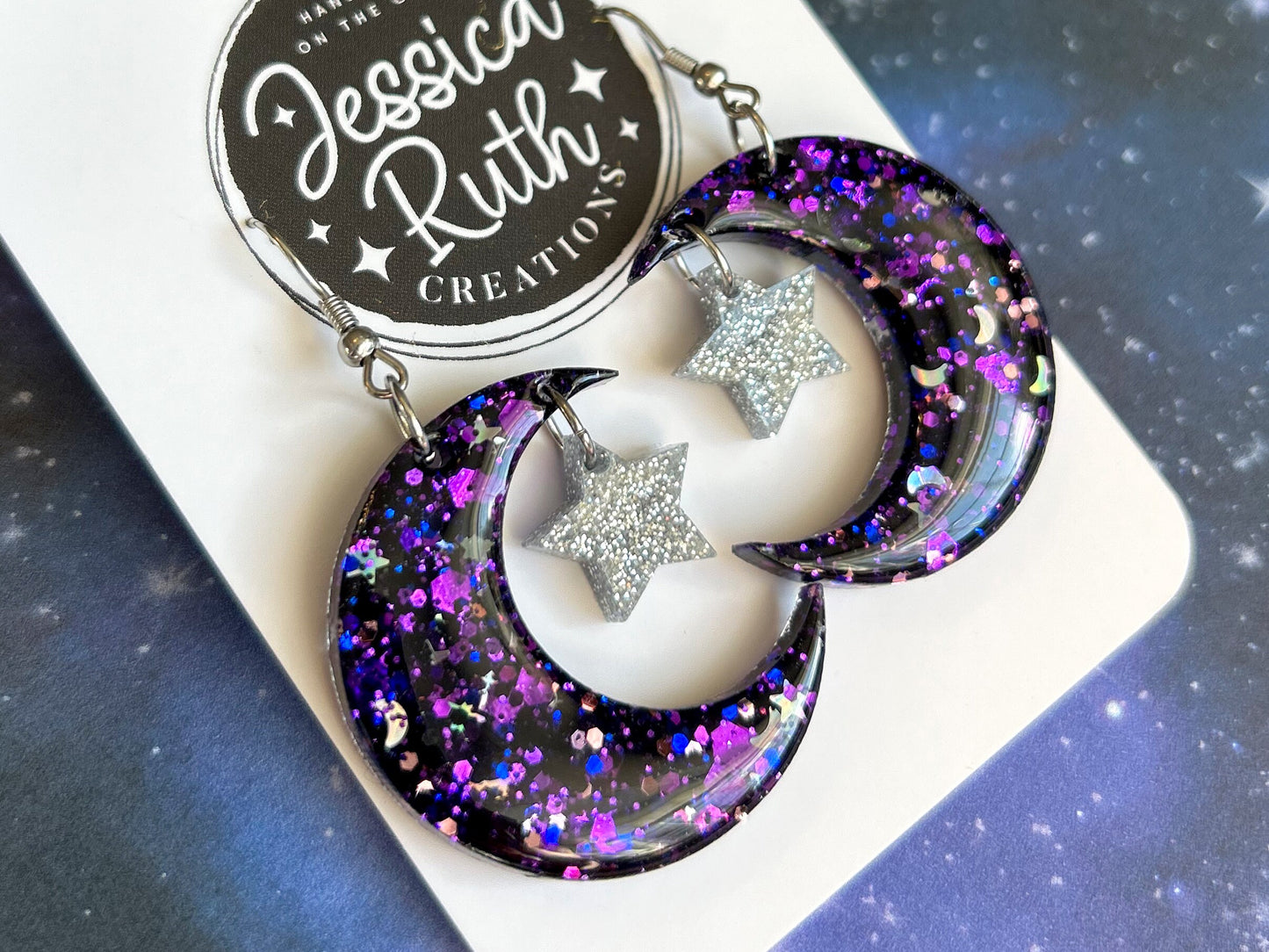 Purple Celestial Star and Moon Dangle Earrings