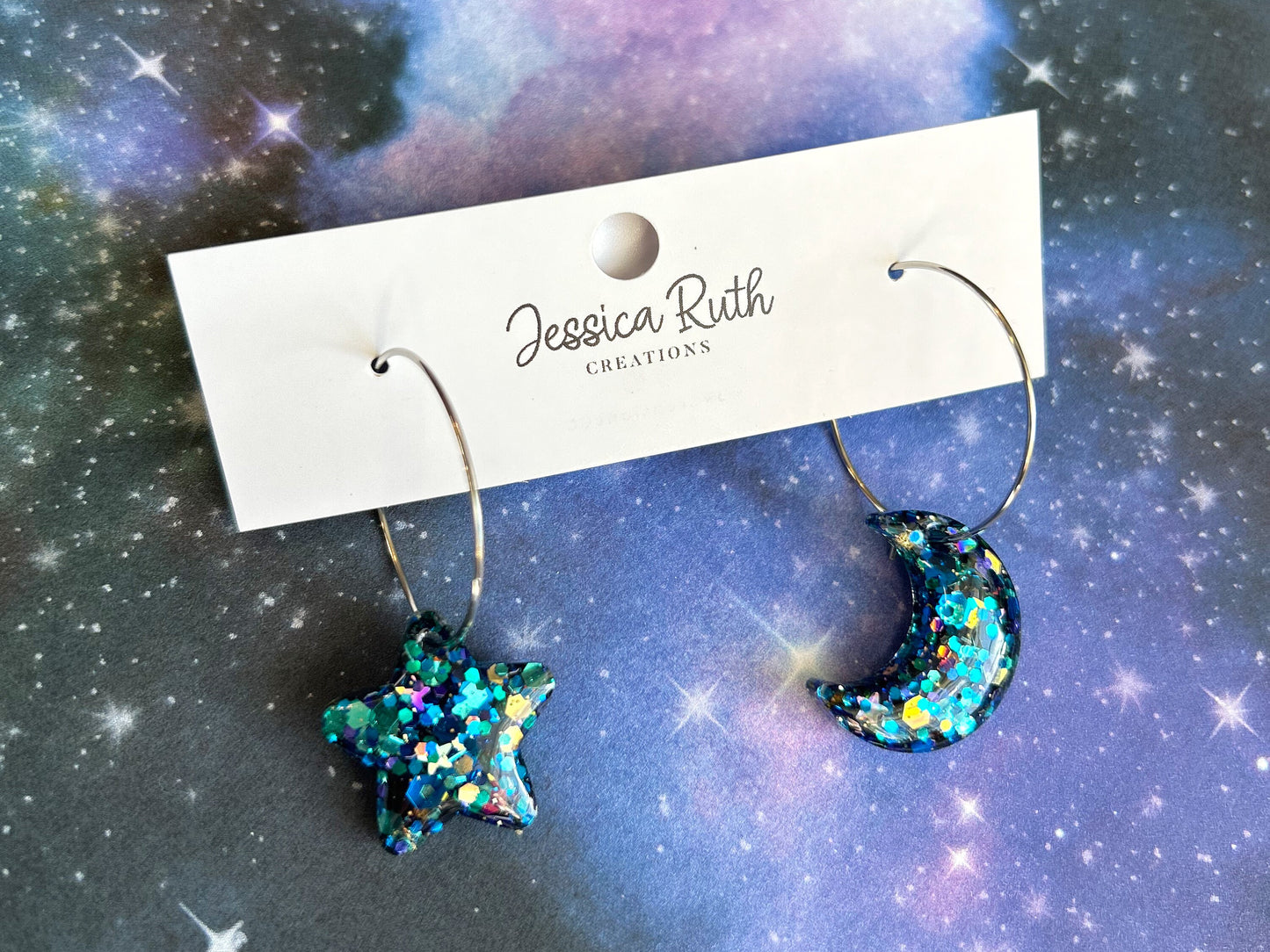 Sparkly Blue Celestial Moon and Star Hoop Earrings